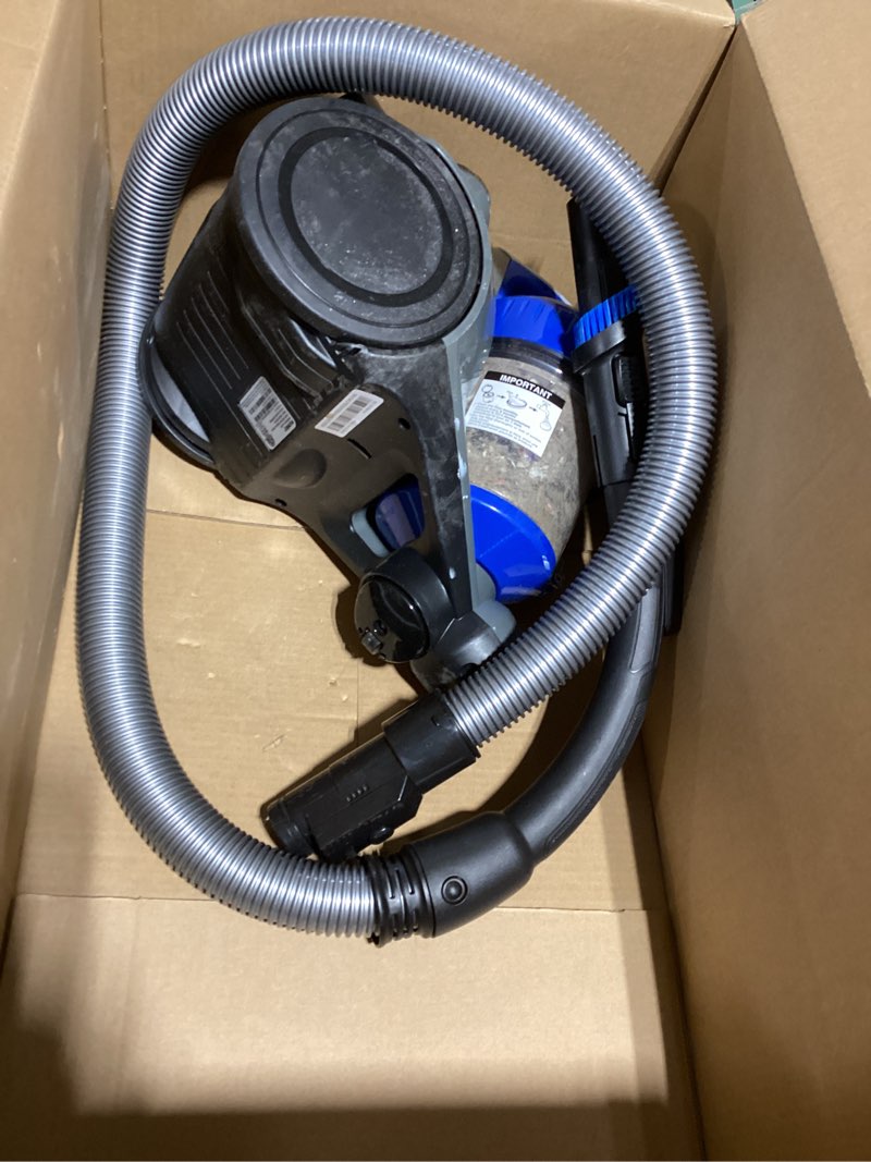 Condition photo showing As Is for kenmore 600 series pet friendly lightweight bagged canister vacuum with pet powermate, pop-n-go brush, 2 motors, hepa filter, aluminum telescoping wand, retractable cord and 4 cleaning tools, purple
