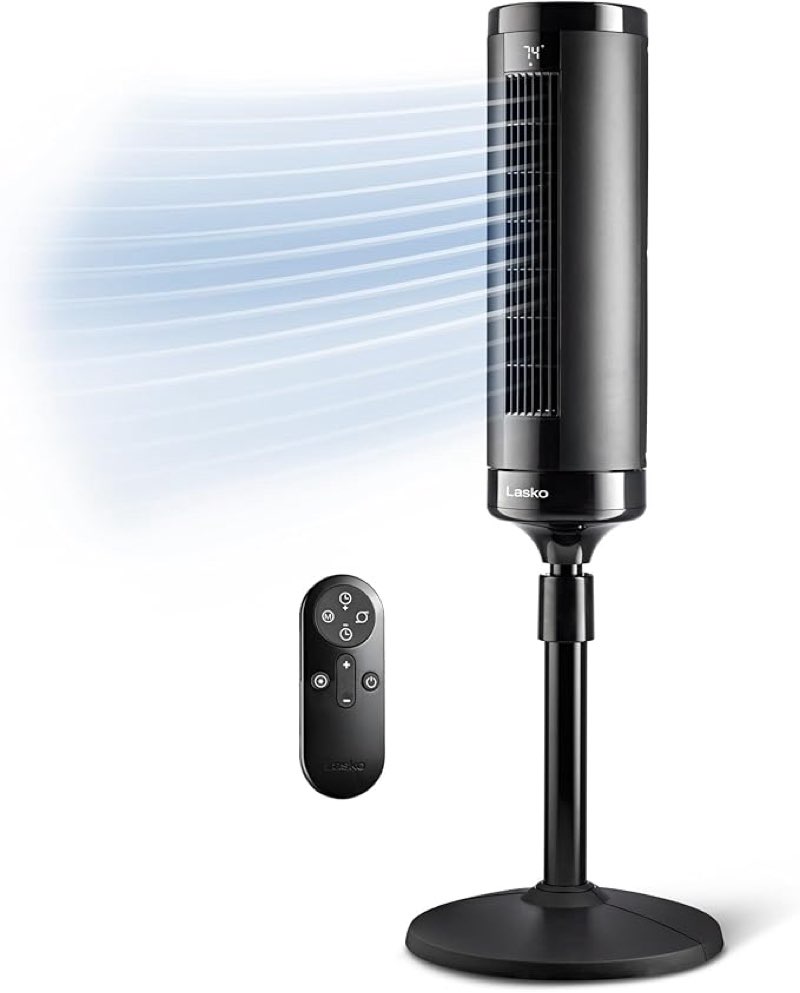 lasko elevation adjustable tower fan 42”-54”, pedestal fan, 31 ft/s airflow, quiet 28 db, 90° oscillation, 12h timer, remote, black, est100