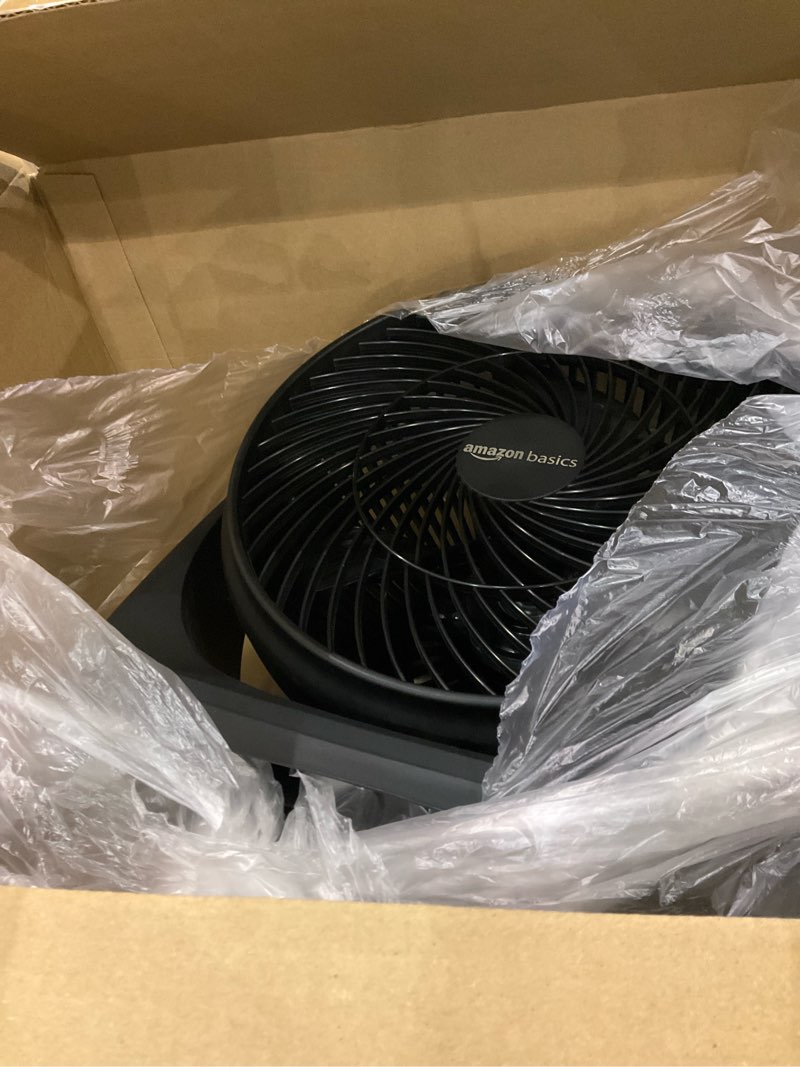 Condition photo showing As Is for Amazon Basics Air Circulator Fan, Desk Fan for Bedroom, Home and Office, With 90-Degree Tilt Head, 3 Speed Settings, Lightweight (4.2 LBS), 70 Watts, Black, 14.8"Wx7.6"Dx14.1"H 14.8"W x 7.6"D x 14.1"H