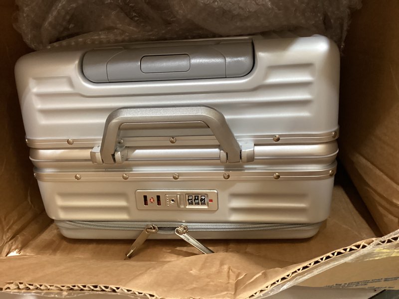 Condition photo showing Good Condition for zipperless luggage, 22.4" x 15.4" x 9.4" aviation certified, polycarbonate aluminum hardshell, expandable carry-on luggage with spinner wheels, hardshell luggage, 20 inch cabin silver 20 inch