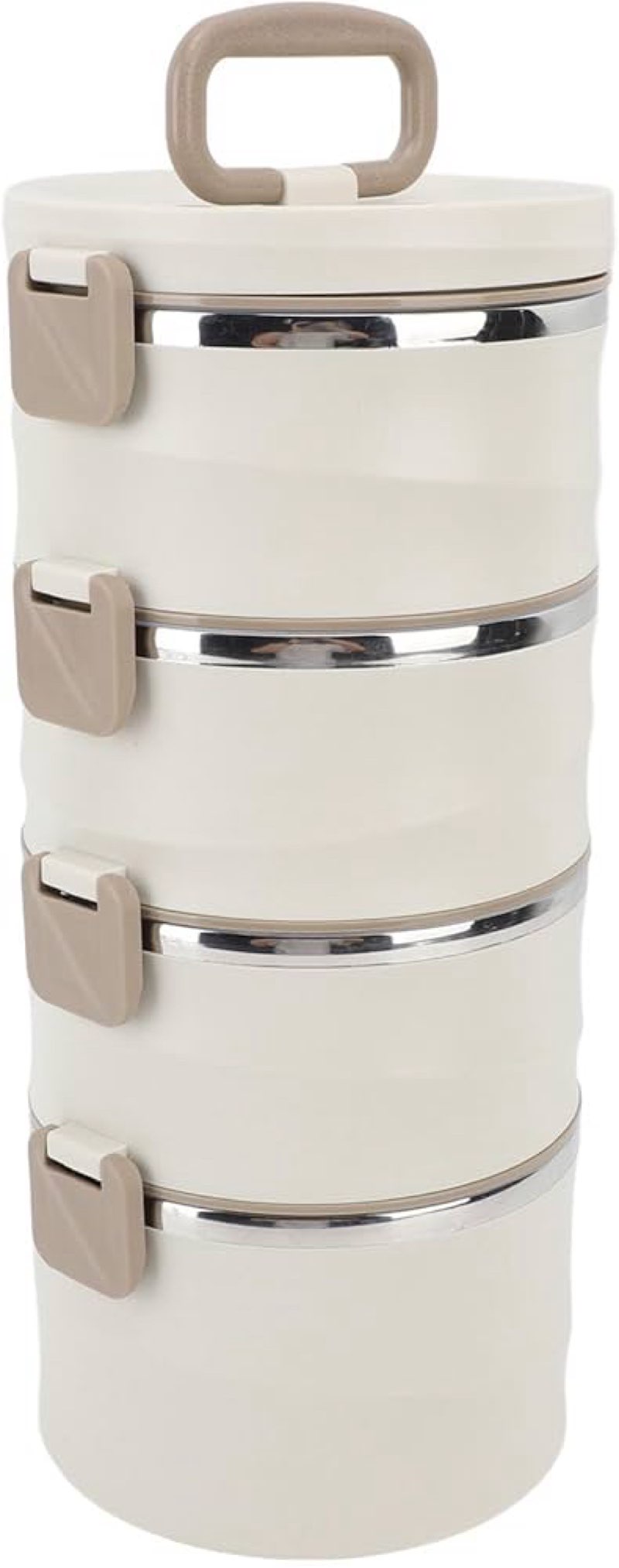 4-Tier Food Container, 3.3L 4-Tier Insulated Lunch Box 304 Stainless Steel Food Container Round Stackable Bento Box with 2 Integrated Fork Spoons (Beige)