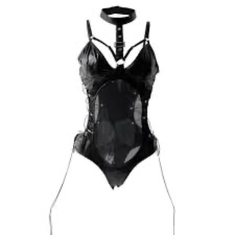 Women’s Teddy Bodysuit Lace Leather Pu Nightshirt One Piece Clubwear cosplay Lingerie (Black-2, XXX-