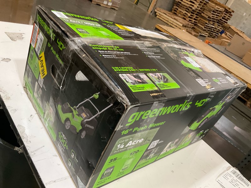 Condition photo showing As Is for greenworks 40v 16" cordless lawn mower, ultra-light push mower with 4.0ah battery & charger(75+ tool compatibility, 45min runtime) 16" (4.0ah)