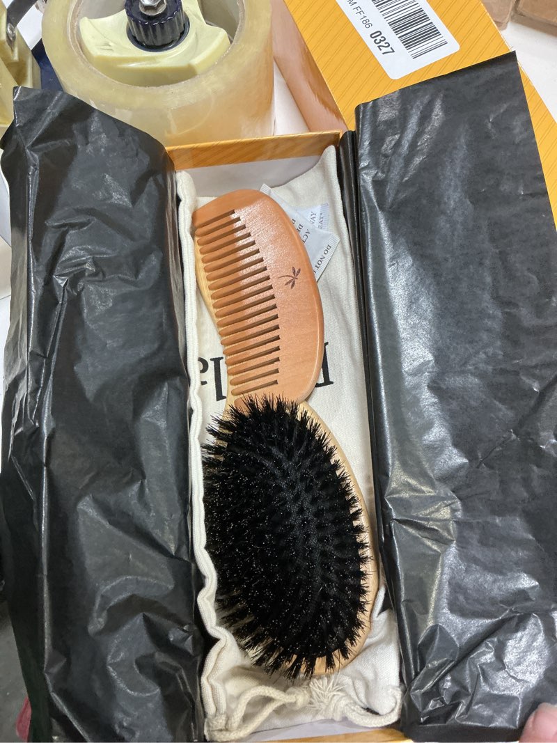 Condition photo showing Good Condition for Belula 100% Boar Bristle Hair Brush Set (Medium). Soft Natural Bristles for Thin and Fine Hair. Restore Shine And Texture. Wooden Comb, Travel Bag and Spa Headband Included!