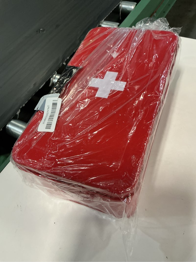 Condition photo showing Good Condition for first aid medicine box, first aid kit supplies bin, metal medicine storage tin, first aid empty box with safety lock for home emergency tool set-red