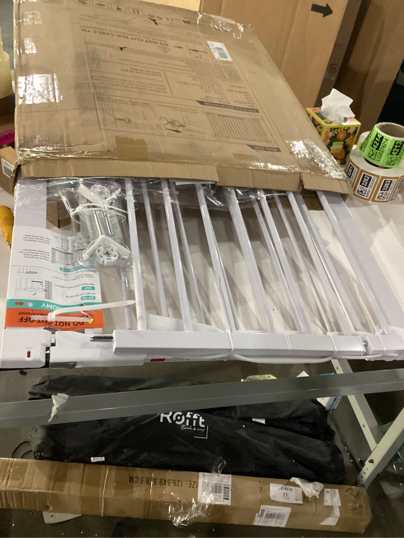 Condition photo showing New/Like New for COMOMY 30" Tall Baby Gate for Stairs Doorways, Fits Openings 29.5" to 51.6" Wide, Auto Close Extra Wide Dog Gate for House, Pressure Mounted Easy Walk Through Pet Gate with Door, White 30"Tall 51.6"Wide White