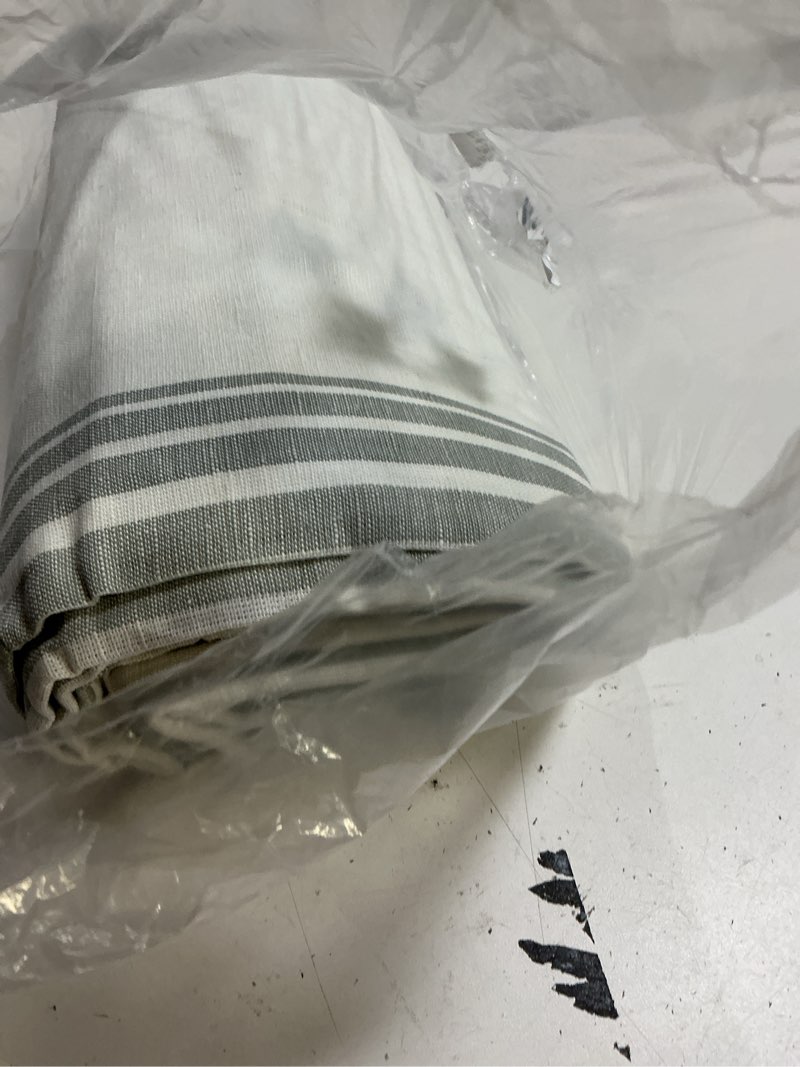 Condition photo showing Good Condition for coastal stripe linen cotton true blackout curtain - single panel, 48x84, ivory/sage green