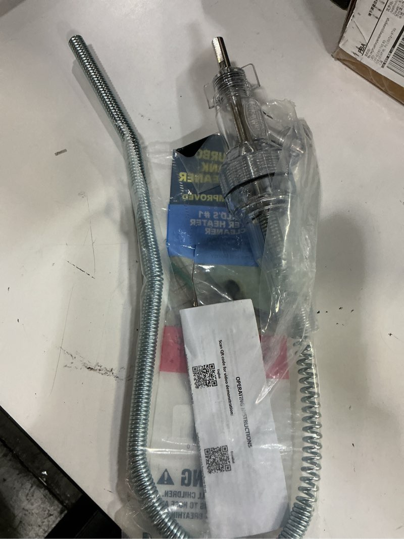 Condition photo showing Good Condition for water heater cleaning tool, improves hot water supply, removes hard water sediment, flushes gas & electric tanks, pro-grade diy solution