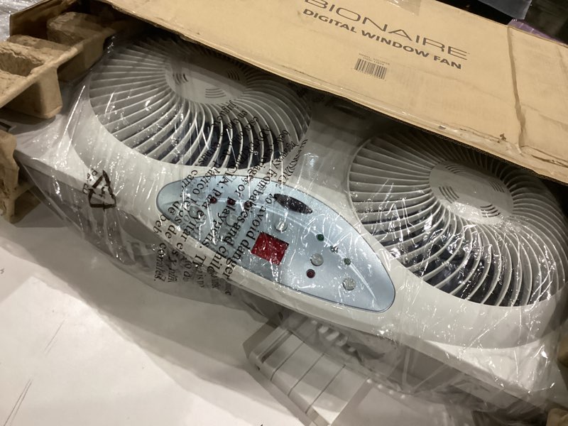 Condition photo showing Good Condition for bionaire window fan with reversible airflow blades – 3-speed settings, programmable thermostat, led display, remote control, fits 24–36" windows, no assembly required white 2 blades electronic control with lcd screen window fan