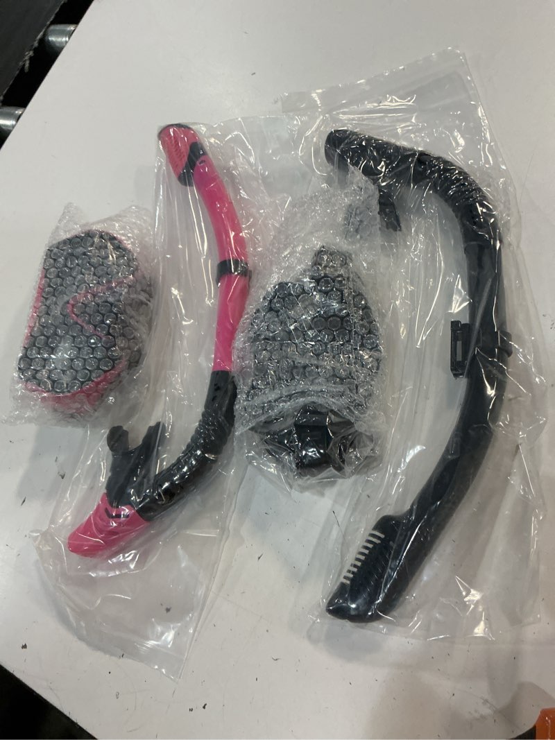 Condition photo showing New/Like New for snorkeling gear for adults, snorkel set scuba diving mask dry-top, adult swimming goggles with nose cover, hd tempered glass panoramic anti-leak anti-fog black+pink