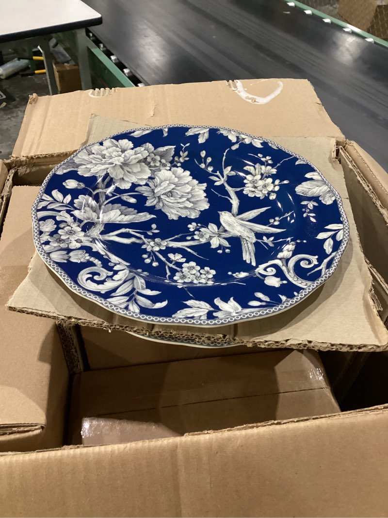 Condition photo showing New/Like New for 222 fifth adelaide 16-piece dark blue porcelain dinnerware set – service for 4, plate, bowl & mug set, bird & floral design, everyday big dinner plates and bowls sets, microwave & dishwasher safe