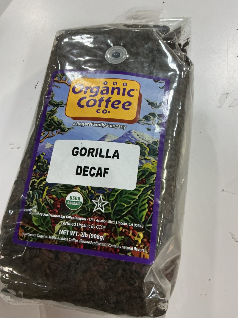 Condition photo showing New/Like New for (best before:13/jun/2026)organic coffee co. gorilla decaf whole bean coffee 2lb (32 ounce) medium light roast natural water processed decaffeinated usda organic gorilla decaf 32 ounce (pack of 1)