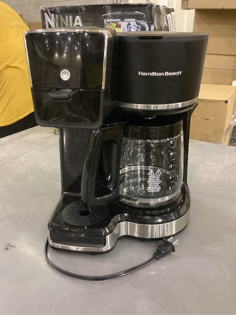 Condition photo showing As Is for Hamilton Beach 2-Way 12 Cup Programmable Drip Hot and Iced Coffee Maker & Single Serve Coffee Machine, Glass Carafe, Auto Pause and Pour, Black (47500J)