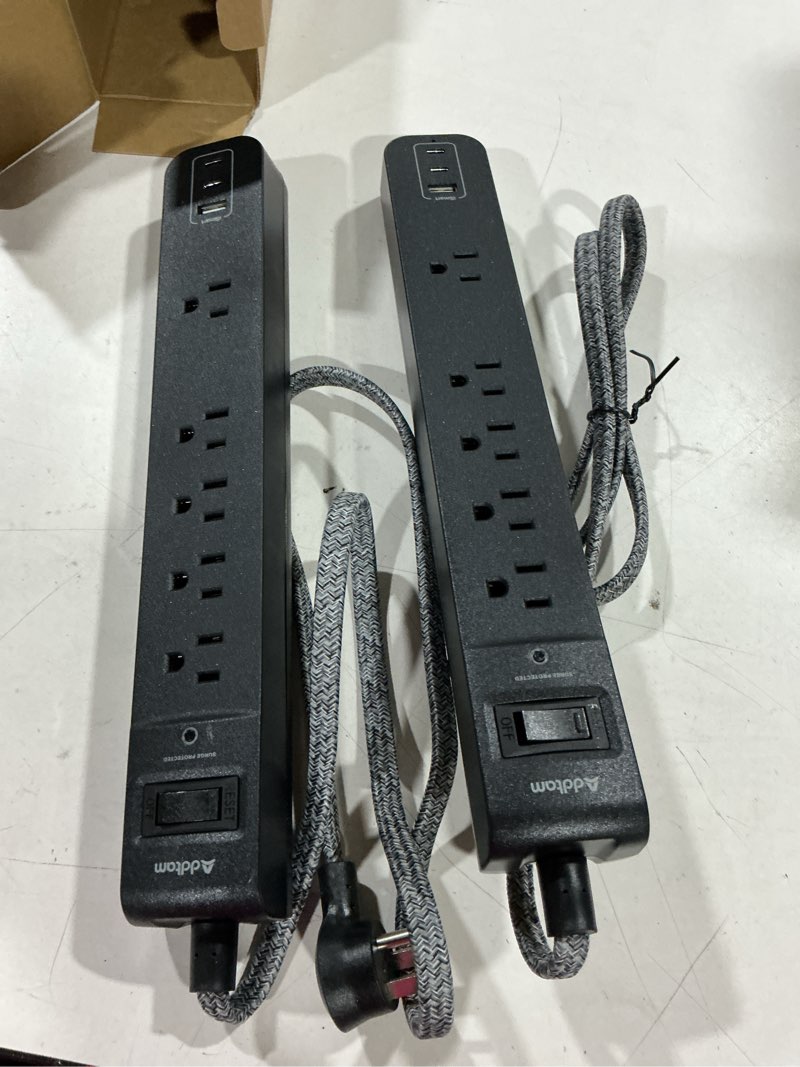 Condition photo showing Good Condition for addtam 2 pack power strip surge protector – 5 wide spaced outlets 3 usb | 2 usb-c charging ports, 1875w/15a, 3ft braided cord, flat plug, overload surge protection, wall mount for home, office & dorm black & dark gray 3 ft