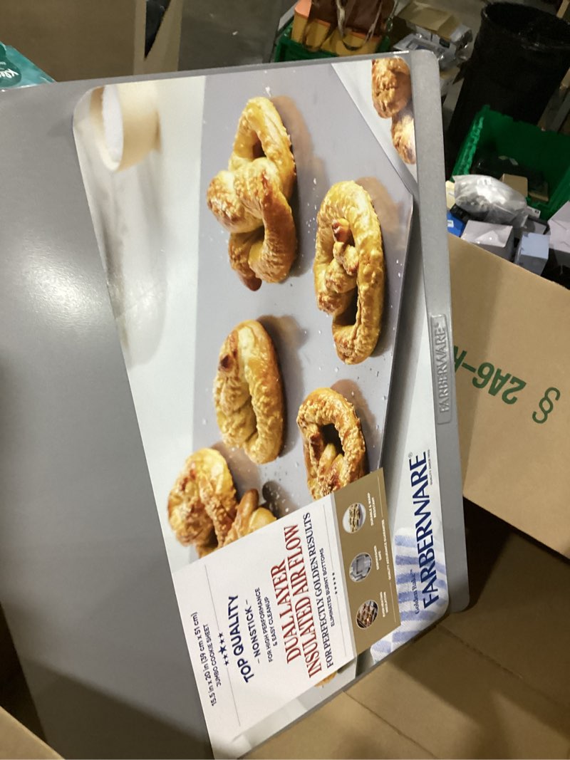 Condition photo showing New/Like New for “bent” farberware insulated bakeware nonstick cookie baking sheet, 15.5\\\" x 20\\\", light gray