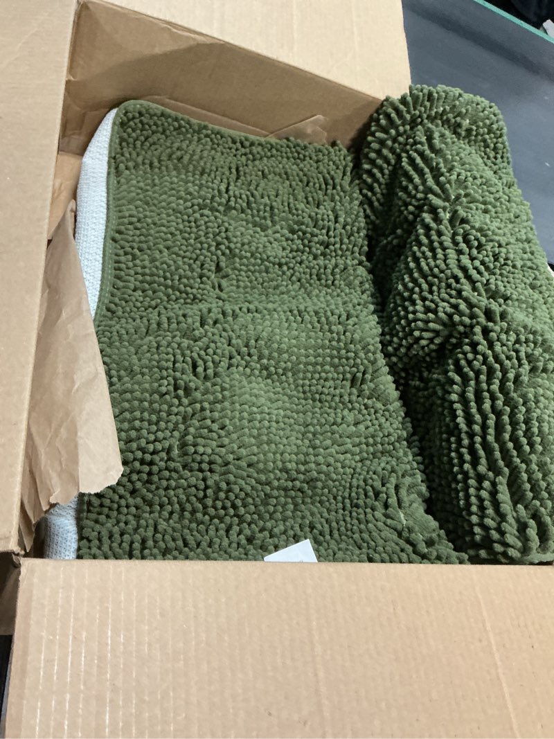 Condition photo showing As Is for LOCHAS Luxury Bathroom Rug Shaggy Bath Mat 24 x 80 Inch, Washable Non Slip Bath Rugs for Bathroom Shower, Soft Plush Chenille Absorbent Carpets Mats, Olive Green Olive Green 2' x 6'8" (24''x80'')