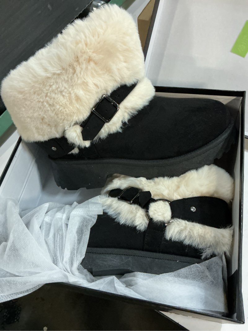Condition photo showing New/Like New for furry winter boots for women, block heels snow boot platform flurry fuzzy winter booties buckle slip-on comfort outdoor walking shoes 5 black