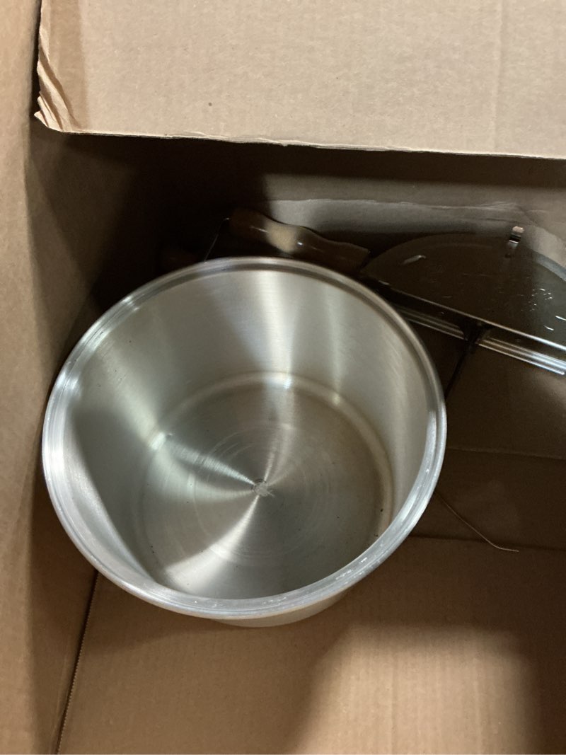 Condition photo showing As Is for cook n home stovetop popcorn popper with crank, 6-quart aluminum popcorn pot, silver brushed aluminum 6 quarts