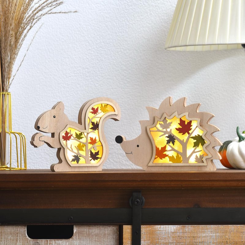 Lighted Fall Table Centerpiece, 2PCS Wooden Squirrel and Hedgehog Block Signs with Maple Leaves Cutouts, Thanksgiving Decorations for Home Office, Autumn Tiered Tray Decor (Wood)