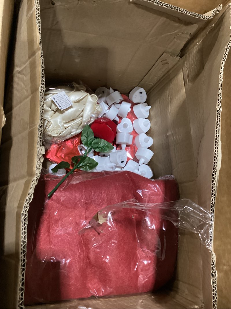 Condition photo showing As Is for Marry Me Light Up Letters, with 30 Tea Lights Candles, Rose Petals, Aluminum Balloons, Balloons, Red Carpet, Rose Ring Box, Double Sided Tape, Valentine's Day Proposal Engagement Wedding Decorations Marry Me With balloons