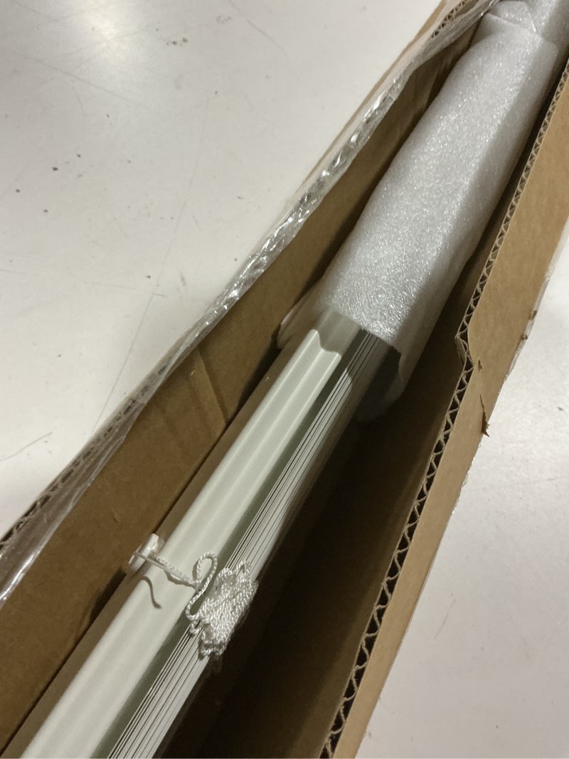 Condition photo showing As Is for myshade no-drill cordless horizontal mini blinds – 35" w x 64" h tool-free inside mount window blinds with 1" vinyl slats, light filtering & privacy, child & pet safe, white cordless-white 35" w x 64" h