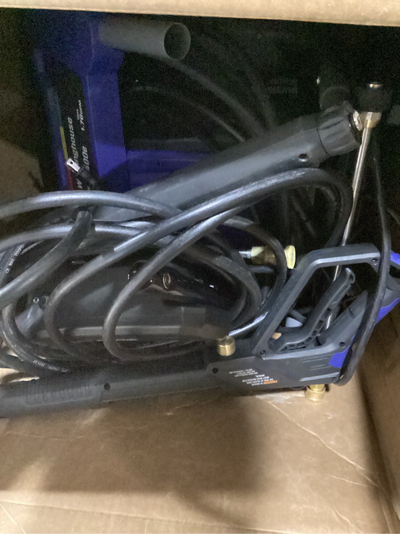 Condition photo showing As Is for westinghouse wpx3400e electric pressure washer, 3400 max psi and 2.0 max gpm, brushless motor, onboard soap tank, spray gun and wand, 5 nozzle set, for cars/fences/driveways/homes/patios/furniture