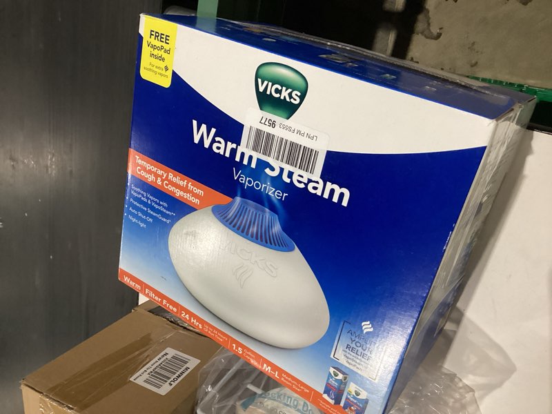 Condition photo showing As Is for vicks warm steam vaporizer & humidifier 1.5 gallon tank for small and medium rooms, night light, works with vapopads and vaposteam