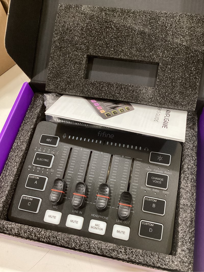 Condition photo showing Good Condition for fifine gaming audio mixer, streaming rgb pc mixer with xlr microphone interface, individual control, volume fader, mute button, 48v phantom power, for podcast/recording/vocal/game voice-ampligame sc3 black