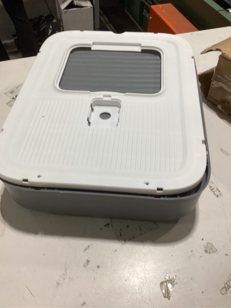 Condition photo showing As Is for upgraded fully enclosed cat litter box with lid, covered cat box enclosure, anti-splashing easy to clean kitty litter boxes with drawer, 3 modes can use from kitten to adult(white&grey)