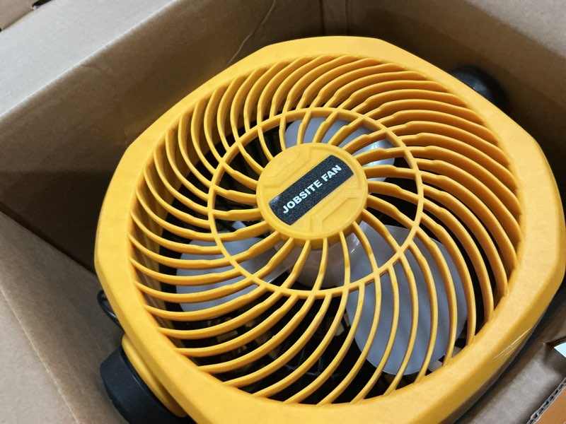 Condition photo showing Good Condition for battery powered fan compatible with dewalt 20v max battery with ac adapter (no battery) up to 650cfm, variable speed, low noise 30db, portable cordless fan for camping, jobsite yellow (compatible with dewalt 20v max battery)