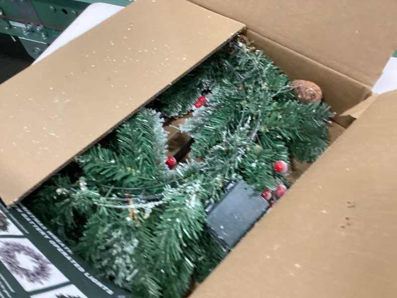 Condition photo showing Good Condition for Christmas Wreath for Front Door, Pre-lit 24 Inch Outdoor Wreath with Timer, Hanger, Pine Cones, Red Berries, Snow Flocked Xmas Decoration for Window, Stairs, Wall, Fireplace, Mantel (Flocked) White
