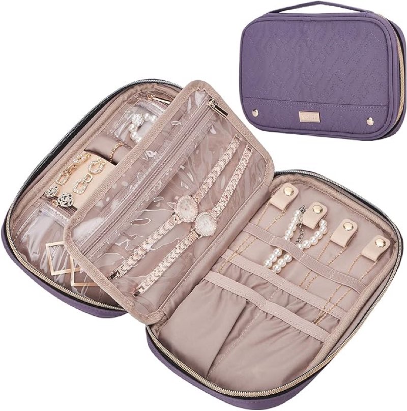 nishel travel jewelry case, holiday organizer for necklaces, earrings, rings, bracelets, watch, purple
