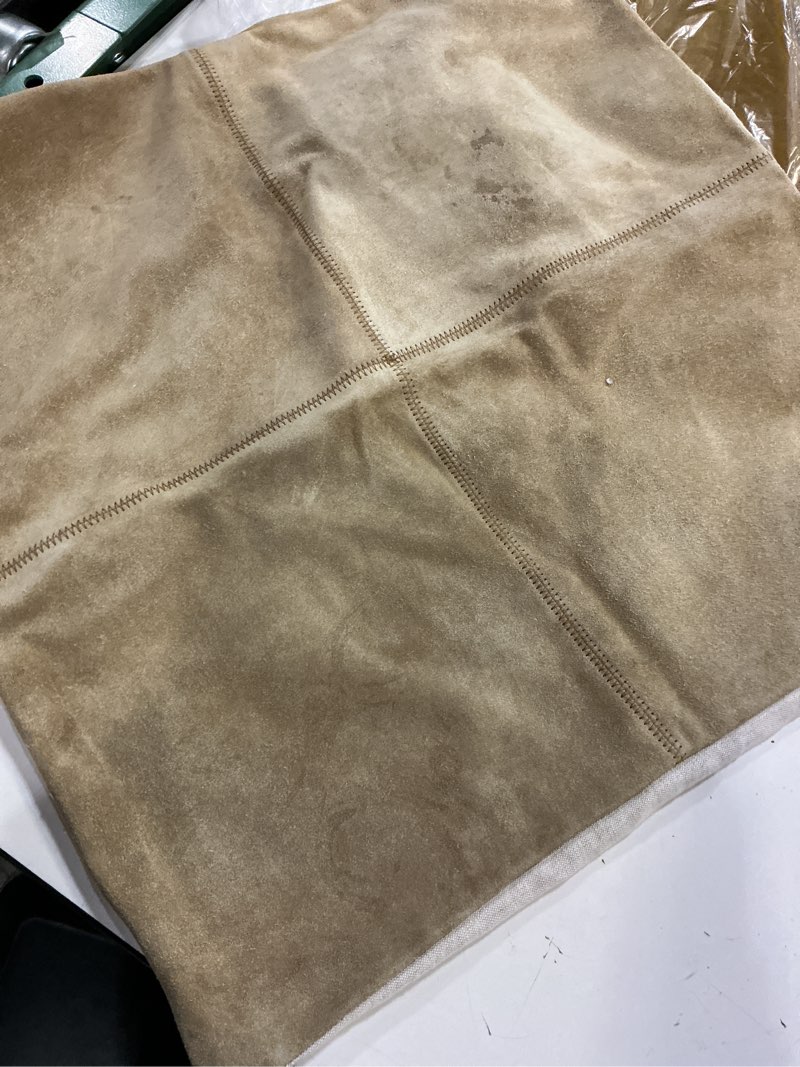 Condition photo showing Good Condition for quince, pottery barn pieced suede pillow cover modern 18”x18”