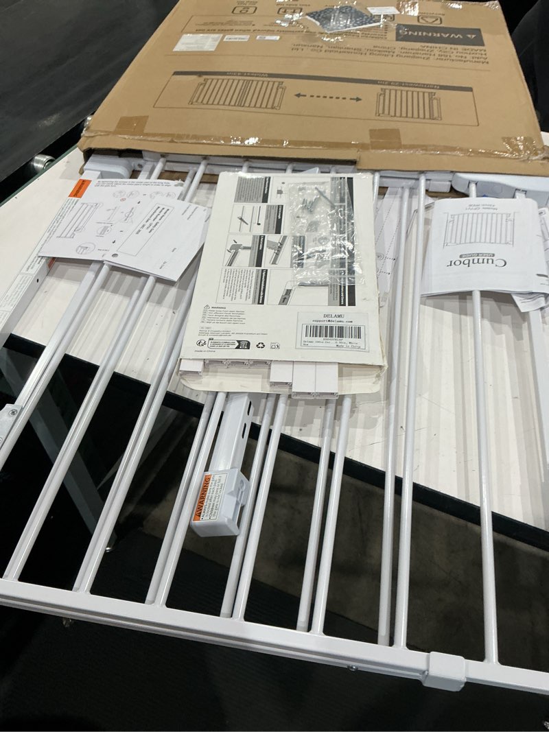 Condition photo showing As Is for cumbor 29.2–43" baby gate for stairs, hardware mounted (drill required), expandable no bottom bar dog gate, auto close extra wide walk thru, pet & toddler proof gate, top & bottom of stairways (white) white hardware mounted only (no bottom bar) 29.2"-43" w x 28" h
