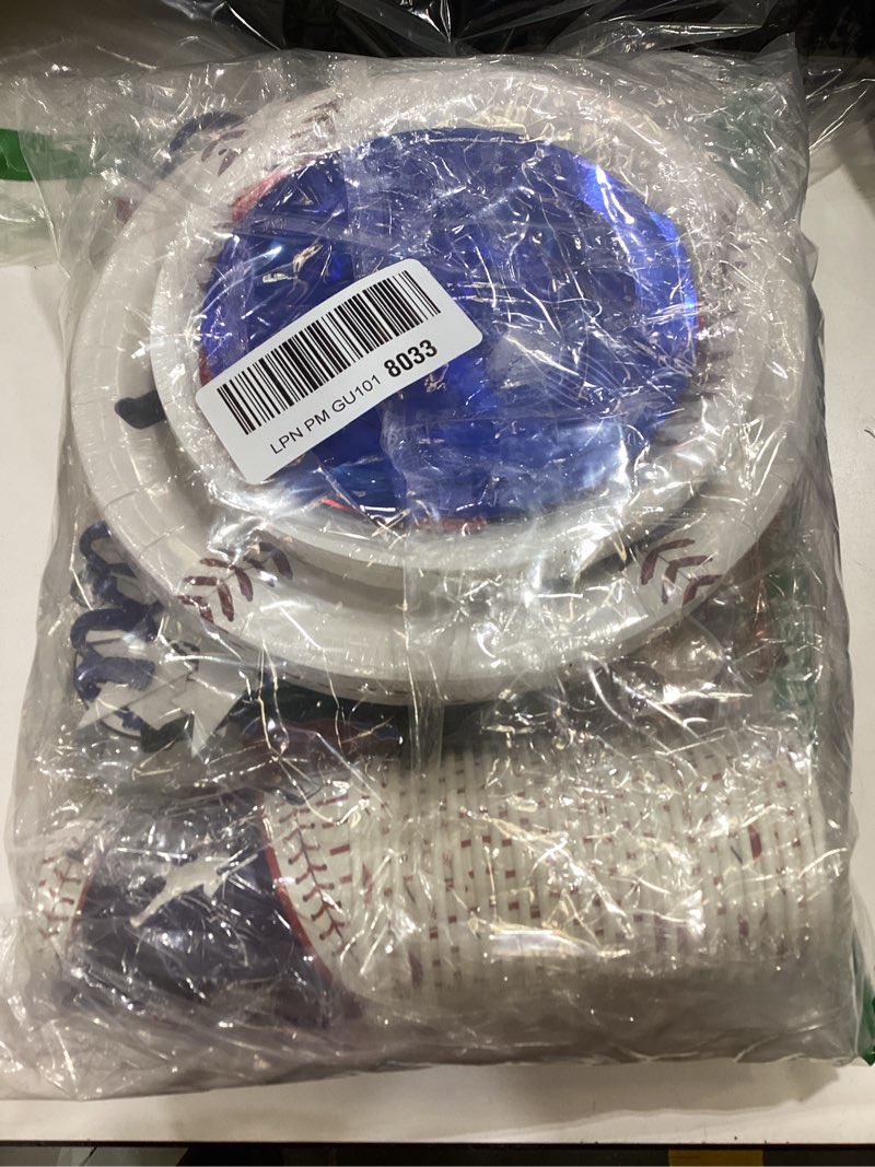 Condition photo showing New/Like New for baseball birthday decorations, baseball party decorations includes plates napkins backdrop balloons arch tablecloth cake topper baseball party supplies for sports theme birthday decorations