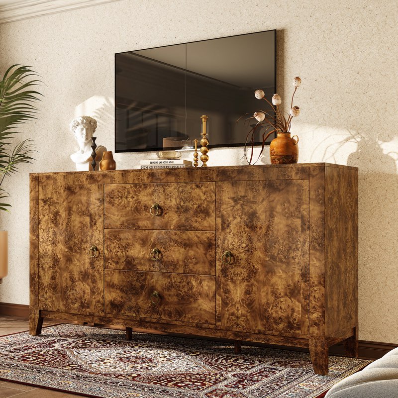 Dorne 60" Modern High Gloss Burl Sideboard with Adjustable Shelves