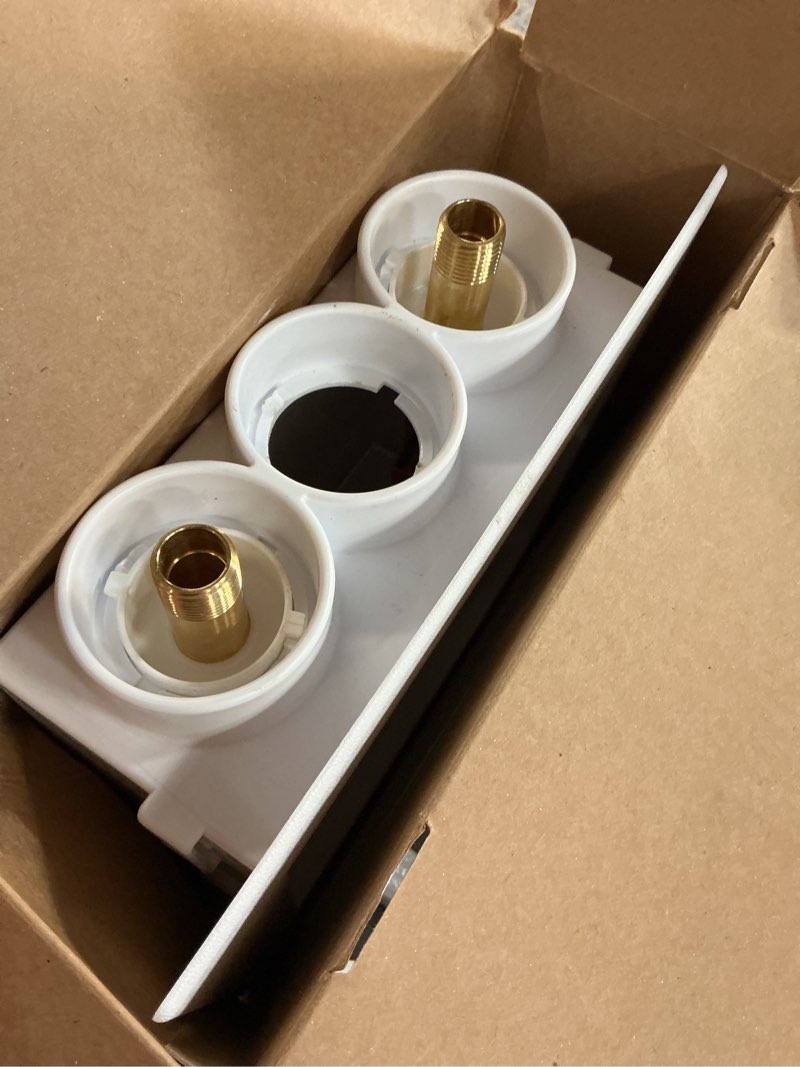 Condition photo showing As Is for quadtro 2 in. copper sweat connection washing machine outlet box with 1/4 turn brass screw-on ball valves