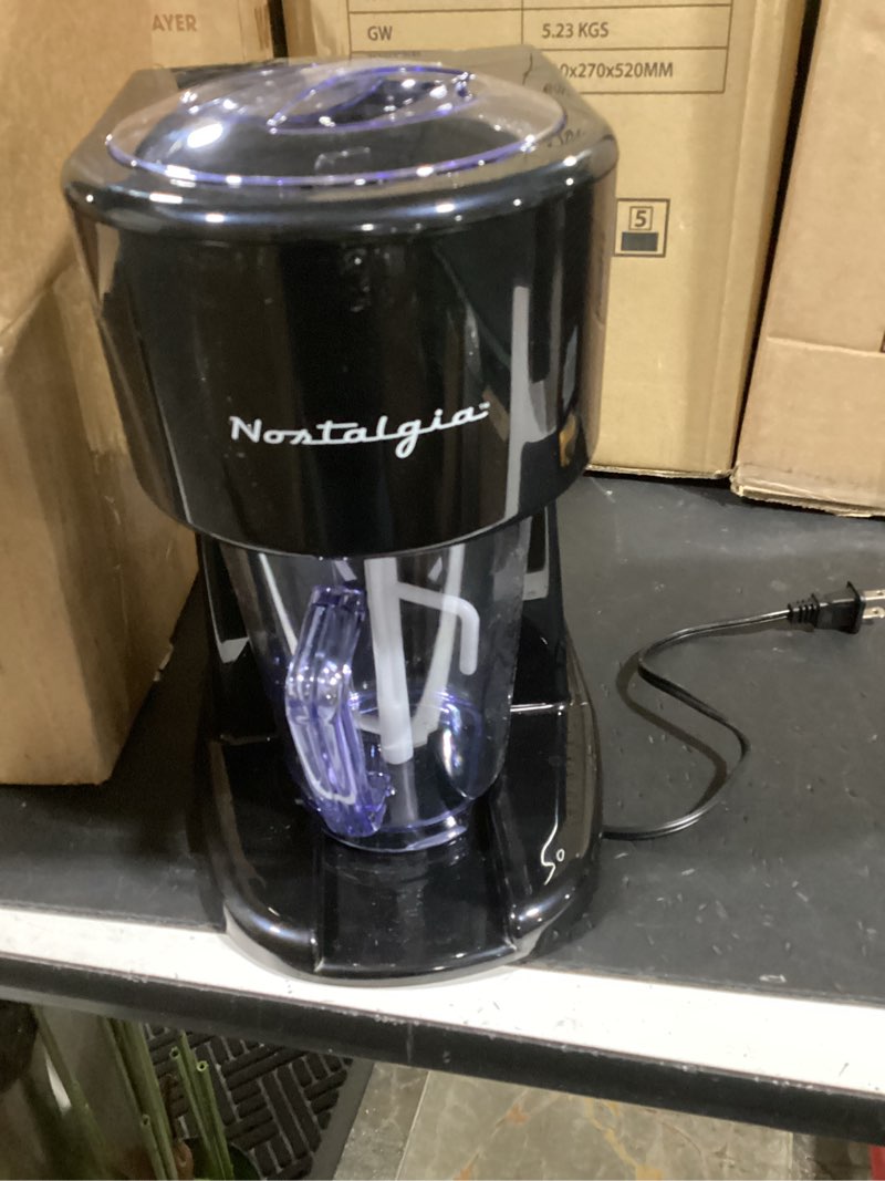 Condition photo showing As Is for nostalgia retro 40-ounce frozen beverage station - slushie machine and ice shaver with automatic mixing for soda, cocktails and margaritas - easy & safe use - black