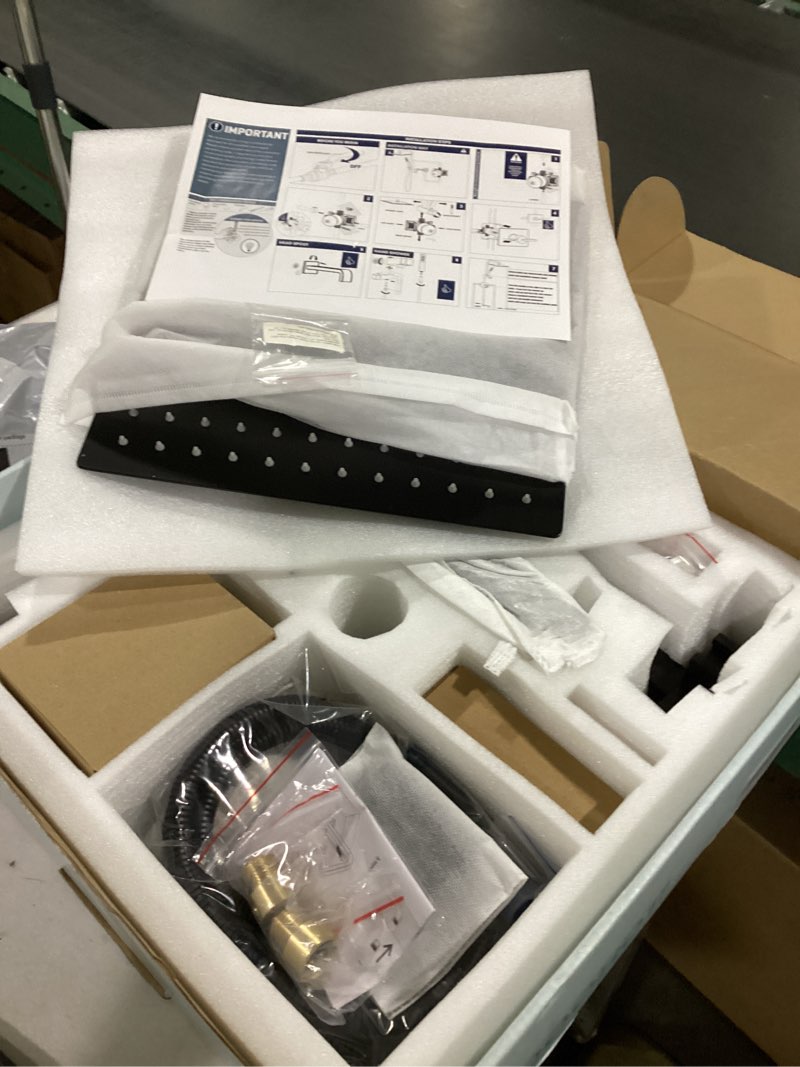 Condition photo showing New/Like New for shower system with tub spout and 12 Inch Rain Shower Heads with Handheld Spray, Shower Faucet Set Dual Shower Heads with Handheld Spray Combo, Black Shower Head and Handle Set tub shower faucet Matte Black