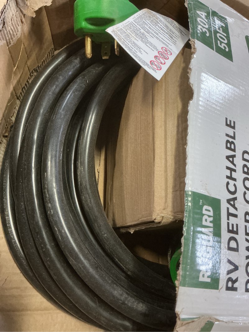 Condition photo showing As Is for rvguard 30 amp 50 foot rv power cord with reverse polarity indicator, heavy duty stw cord with cord organizer, 30 amp male standard to 30 amp female locking connector, green, etl listed 50 foot locking
