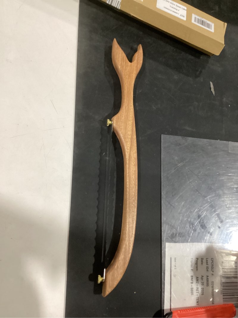 Condition photo showing Good Condition for sourdough bread knife slicer for slicing, wooden bread bow knife for sourdough,sourdough bread cutter, bread saw for homemade bread (fishtail) fish shape