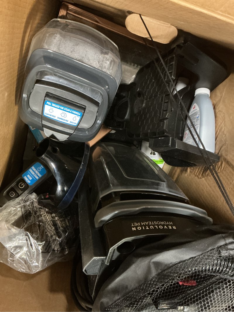 Condition photo showing As Is for bissell revolution hydrosteam pet carpet cleaner, upright deep cleaner, hydrosteam technology, 2-in-1 pet upholstery tool & formulas included, 3432