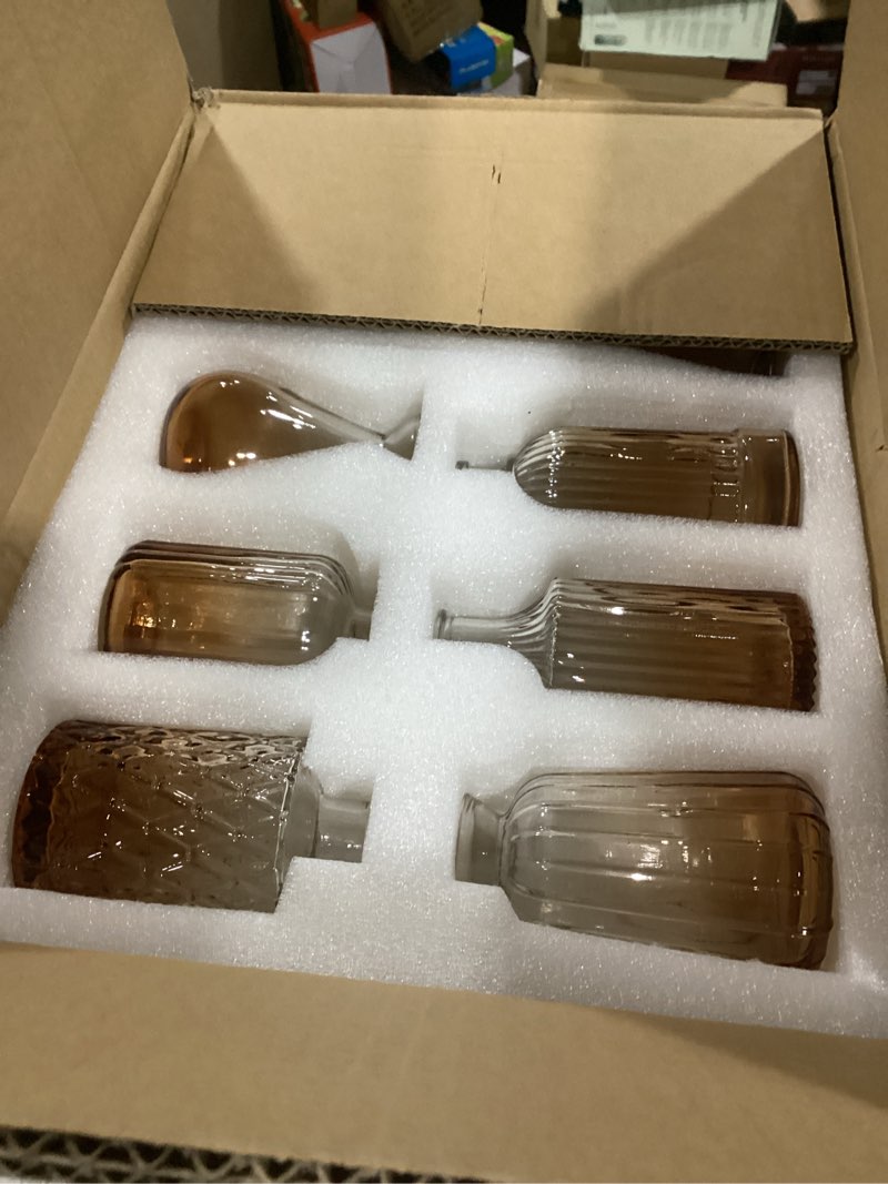 Condition photo showing Good Condition for glass bud vase set of 20 - small vases for flowers in bulk - assorted vintage crystal vases for flowers, table centerpieces (amber, 20 pcs) 20 pcs amber
