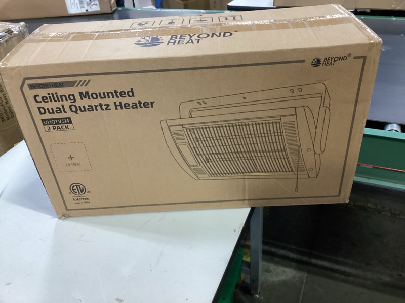Condition photo showing New/Like New for BEYOND HEAT Electric Garage Heater 120V 2 Packs, 750/1500W Ceiling Mount Space Heater for Garage, Shop, Patio with 90° Adjustable Tilt, Dual Quartz Radiant, Safety Metal Grille and Overheat Protection Black-2 PACK