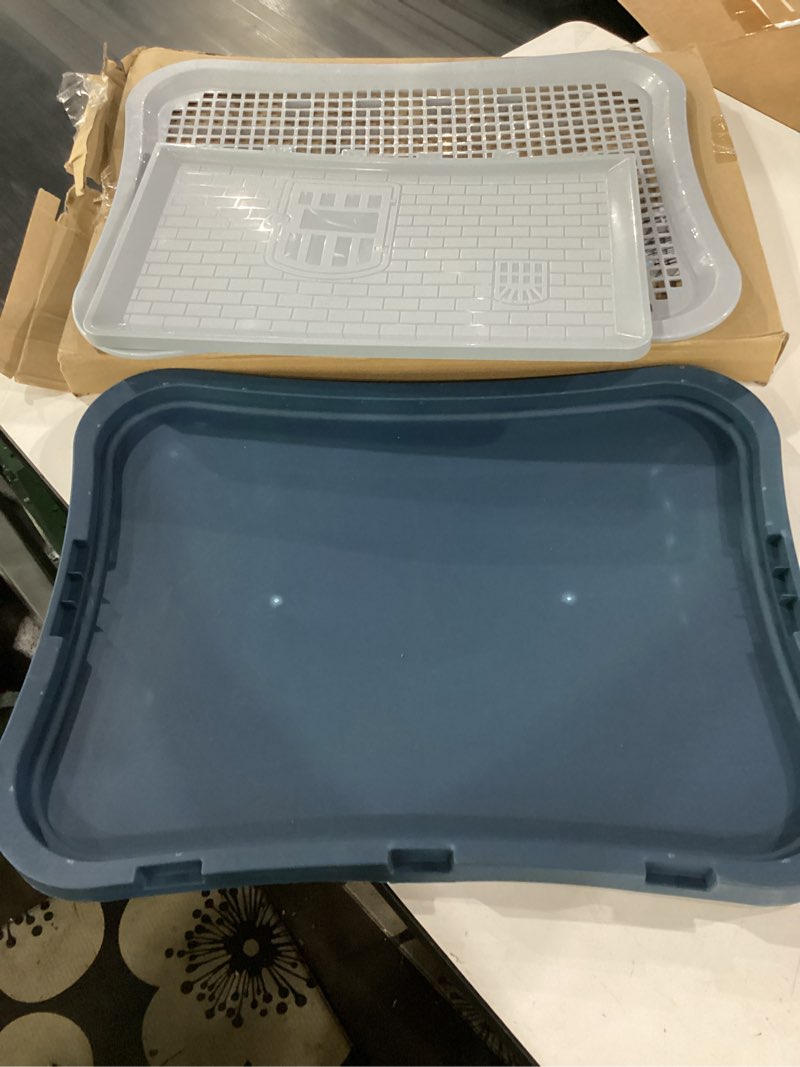 Condition photo showing As Is for pee pad holder, indoor potty tray for puppy and small size dog with pee wall, non-skid feet, 20 * 15.4 * 1.4 inch (large)