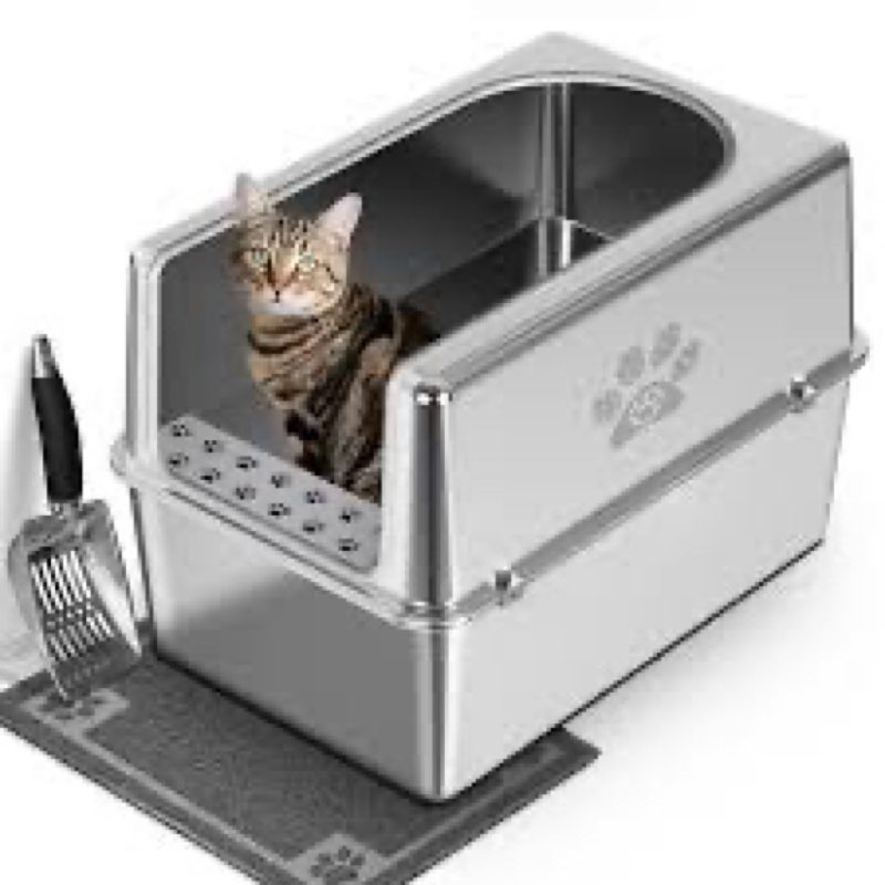 Maxdot Stainless Steel Litter Box with Lid, XL Large Enclosed Metal Cat Litter Box with Scoop and Ma