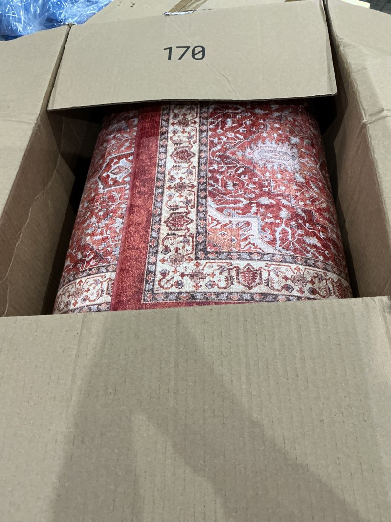 Condition photo showing Good Condition for kimode anti fatigue fall kitchen mats, boho distressed kitchen floor mats 17"x47"+17"x29", non slip waterproof kitchen rugs, padded comfort standing mats for laundry, office, sink, desk orange multi 17.3" x 47"+17.3" x 29"--0.47 inches orange