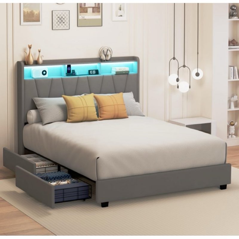 dainslef king led platform bed frame with 4 drawers, velvet upholstered bed frame with high button w (incomplete box 3 of 3 only)