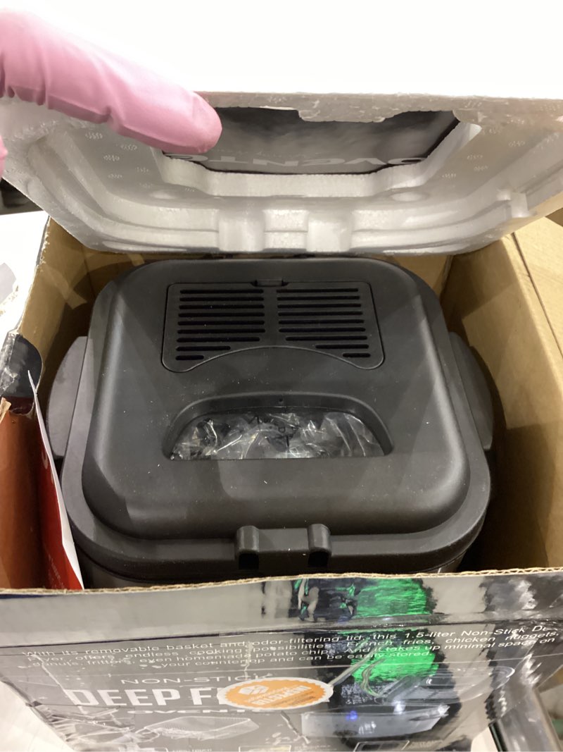 Condition photo showing As Is for OVENTE 1.5L Electric Deep Fryer with Viewing Lid, Adjustable Temperature, Removable Basket, Cool-Touch Handle, 800W Stainless Steel, Easy to Clean, Silver FDM1501BR