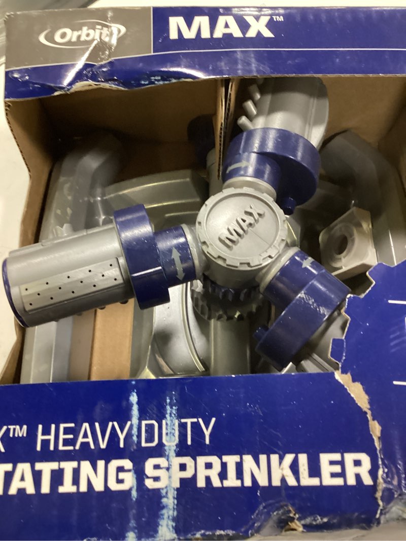 Condition photo showing As Is for orbit max 1250-sq. feet rotating sled lawn sprinkler